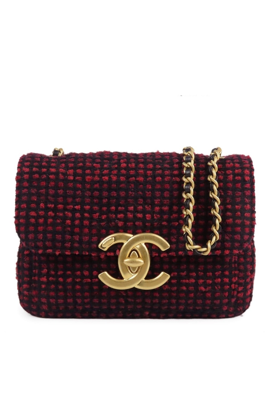 Chanel Chain Shoulder Bag Red Gold Tweed